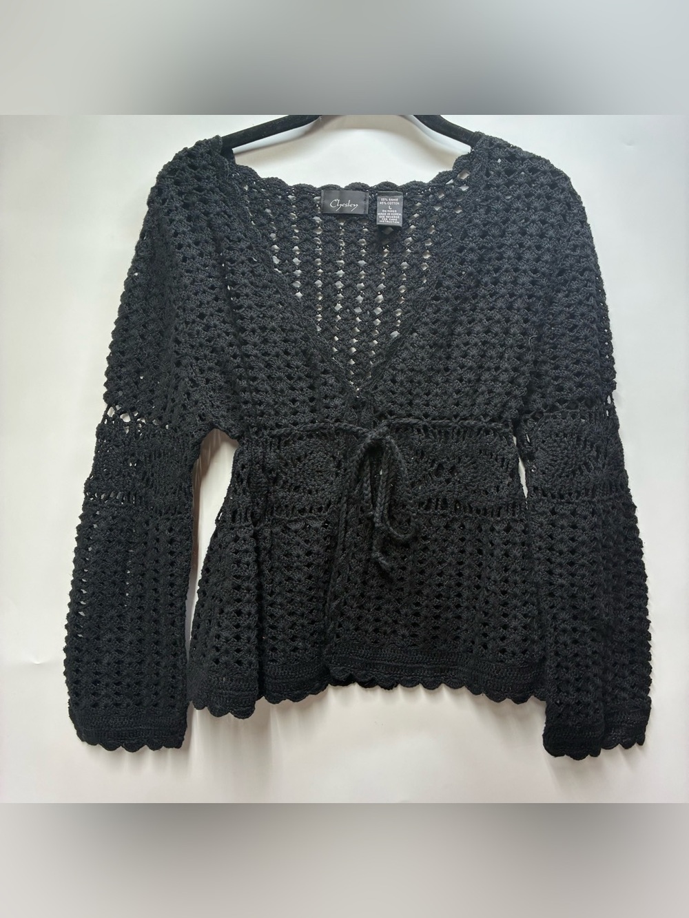 Vintage 90s Chesley Large Black Crochet Lattice Cardigan Sweater Tie Boho Hippie